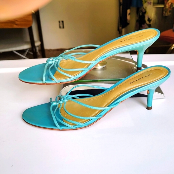 Ann Taylor women's leather strappy stiletto heel sandals,slip-on Turquoise 8.5M, - Picture 1 of 17